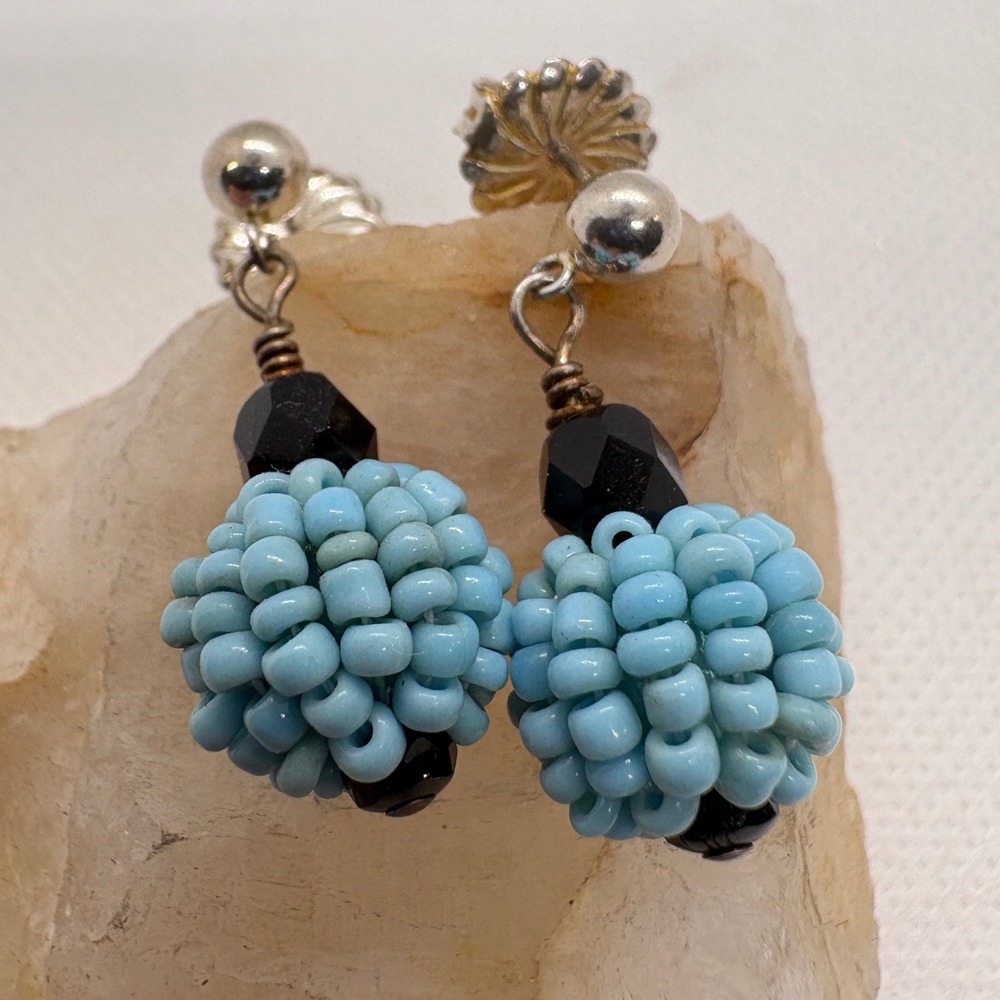 Vintage Sterling Silver Beaded Drop Earrings Turquoise Blue Black 925 Dangle